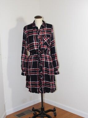BLL, Plaid Button-Front Shirt Dress in Black, Red & White
